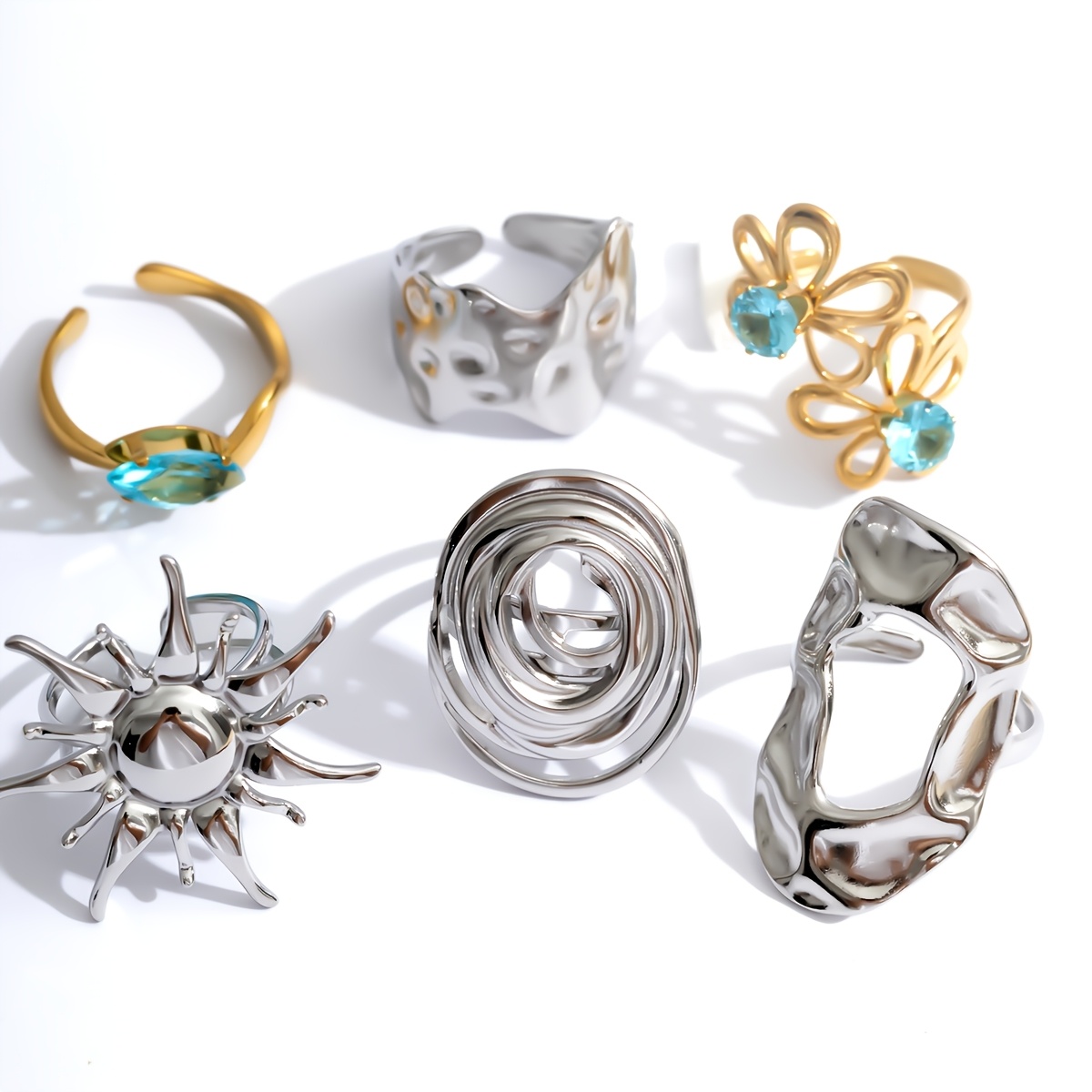 6pcs Bicolor Open Ring Set with Sunflower Design